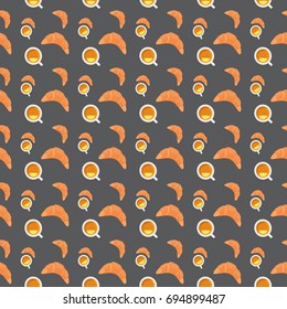 Trendy seamless pattern with cup of tea and croissants.