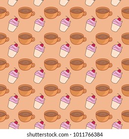 Trendy seamless pattern with cupcakes and coffee. Vector illustration. Idea for design.