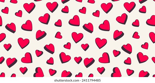 Trendy seamless pattern with cute 3d hearts. Vector red shape silhouettes heart on a light background.  Valentine, love wedding printing. Design for textile, fashion, surface design, fabric