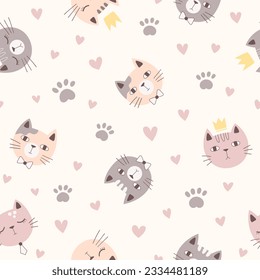 trendy seamless pattern with cute cats in pastel gray and pink
