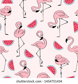 Trendy nahtlose Muster mit süßen handgezeichneten rosa Flamingo- und Wassermelonenstücken. Einfache Doodle-Vögel auf rosafarbenem Hintergrund. Vektorgrafik.