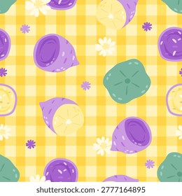 Trendy Seamless Pattern with Cute Sweet Potatoes and Floral Elements, Pastel Aesthetic Style