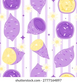Trendy Seamless Pattern with Cute Sweet Potatoes and Floral Elements, Pastel Aesthetic Style