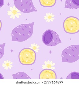 Trendy Seamless Pattern with Cute Sweet Potatoes and Floral Elements, Pastel Aesthetic Style