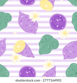 Trendy Seamless Pattern with Cute Sweet Potatoes and Floral Elements, Pastel Aesthetic Style