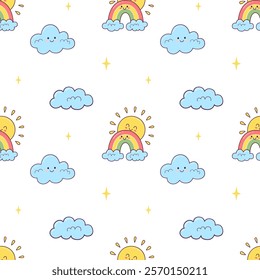 Trendy seamless pattern with cute weather elements sun, rainbow, clouds. Vector illustration for wrapping and textile