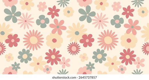 Patrón sin fisuras de moda con flores de margarita en el estilo de los años 70. Diseño de Vector floral retro y2k. Estilo Antiguas. Ilustración vectorial de fondo infinita contemporánea para niños en colores brillantes 