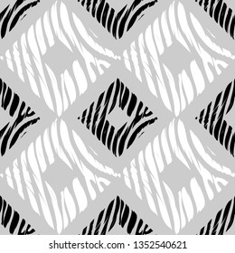 Trendy seamless pattern designs. Black and white silhouette with Zebra stripes. Vector geometric background. Can be used for wallpaper, textile, invitation card, wrapping, web page background.