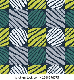 Trendy seamless pattern designs. Circles and squares with Zebra stripes. Vector geometric background. Can be used for wallpaper, textile, invitation card, wrapping, web page background.