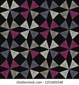 Trendy seamless pattern designs. Figures from striped triangles. Vector geometric background. Mosaic texture. Can be used for wallpaper, textile, invitation card, wrapping, web page background.
