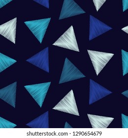Trendy seamless pattern designs. Mosaic of triangles with hatching. Embroidery. Vector geometric background. Can be used for wallpaper, textile, invitation card, wrapping, web page background.
