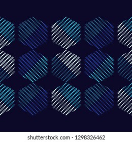 Trendy seamless pattern designs. Mosaic of blue hexagons of points. Vector geometric background. Can be used for wallpaper, textile, invitation card, wrapping, web page background.