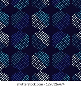 Trendy seamless pattern designs. Mosaic of blue hexagons of points. Vector geometric background. Can be used for wallpaper, textile, invitation card, wrapping, web page background.