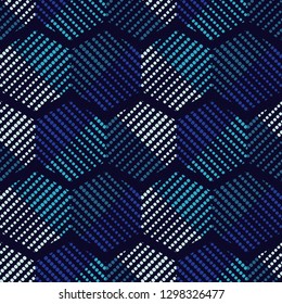 Trendy seamless pattern designs. Mosaic of blue hexagons of points. Vector geometric background. Can be used for wallpaper, textile, invitation card, wrapping, web page background.