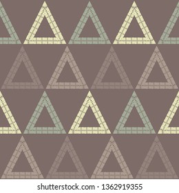 Trendy seamless pattern designs. Mosaic of triangles with a folk pattern. Vector geometric background. Can be used for wallpaper, textile, invitation card, wrapping, web page background.