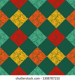 Trendy seamless pattern designs. Rectangles with silhouette. Monstera. Vector geometric background. Can be used for wallpaper, textile, invitation card, wrapping, web page background.