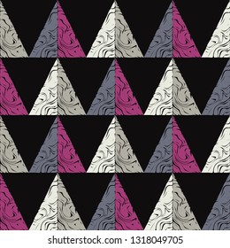 Trendy seamless pattern designs. Shapes of triangles with patterned texture. Vector geometric background. Can be used for wallpaper, textile, invitation card, wrapping, web page background.