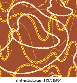 Trendy seamless pattern with different gold chains and rope. Vector illustration for textile, fabric, wrapping paper, invitation, background, packaging.
