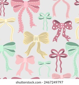 Trendy seamless pattern with different shapes ribbon bows. Colorful gift bows. Vector background for textile and packaging. 