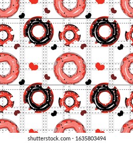Trendy seamless pattern with donuts and tartan background. St. Valentine's day concept. 