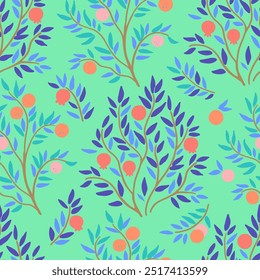 Trendy seamless pattern with doodle orange and pomegranate trees. Cute vector illustration in modern style in delicate pastel colors.