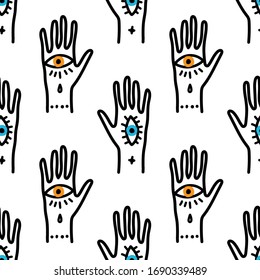 Trendy seamless pattern and drawn magic elements as hand with the eye, vector illustration