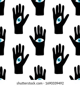 Trendy seamless pattern and drawn magic elements as hand with the eye, vector illustration