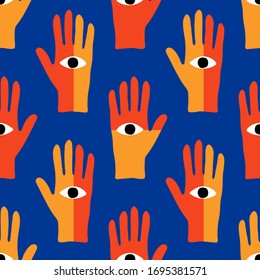 Trendy seamless pattern and drawn magic elements as hand with the eye, vector illustration