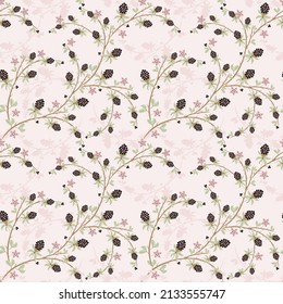 Trendy seamless pattern with elements of delicate pink flowers and ripe black berries on a white background. Repeating design for wallpaper, packaging, textile, print, cover, banner