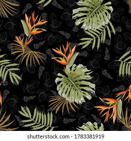 Trendy seamless pattern exotic tropical exotic flower,plants and leaves layer on hand drawn leaves background Vector illustration. design for fashion,fabric,wallpaper,wrapping, and textile all print
