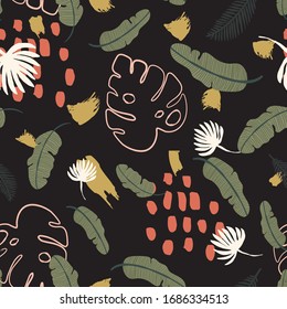 Trendloses Muster mit exotischen tropischen Blättern und Pflanzen mit abstraktem, handgezeichnetem Ornament auf schwarzem Hintergrund. Kreative exotische Blätter, floraler Hintergrund.
