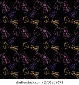 A trendy seamless pattern featuring neon-style outline of dresses,short,and casual clothing element.Perfect for textile print,kids apparel,packaging,wallpaper,digital background,fashion-themed project