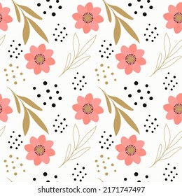 Trendy seamless pattern with flowers and butterflies on a white background. Fabric design with simple colors. Vector background.