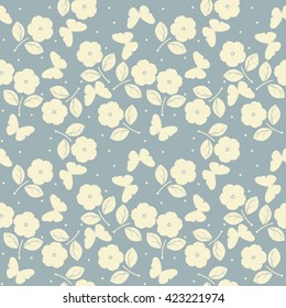 Trendy seamless pattern with flowers and butterflies can be used for design fabric, backgrounds, wrapping paper, package, covers, linen and more designs.