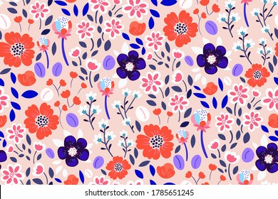 Trendy seamless pattern with flowers, leaves, branches on a bright pastel pink background. Creative Botanical print in a hand-drawn style. Perfect for fabrics, textiles, covers... Vector illustration