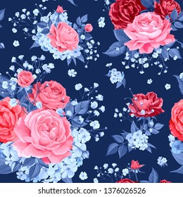 Trendy seamless pattern with flowers of pink blooming roses, Phloxes and tender Gypsophila in blue colors on dark background. Lovely floral design element of textile. Vector illustration