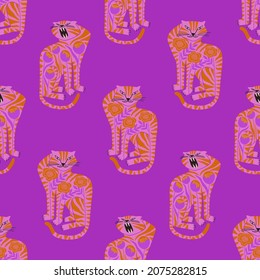 Patrón de moda sin fisuras con tigres de arte folclórico. Diseño de tejidos bohemios. Papel colorido exótico de flores o envoltura de regalo.
