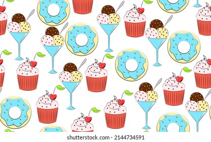 Trendy seamless pattern with food. Modern wallpaper with ice cream, donuts, cupcakes. Bright background with dessert elements.