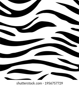 Trendy seamless pattern in the form of a zebra skin in black and white stripes on a white background. Modern vector illustration in flat style for wrapping paper, wallpaper, fabric, printable.