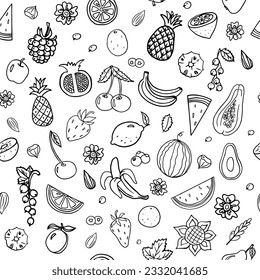 Trendy seamless pattern with fruits and berries in doodle style. Pineapple, strawberry, apple, pear, watermelon and other. Vector illustration EPS10. Isolated on white