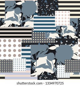 Trendy seamless pattern. Geometric elements mixed with blooming flowers. Polka dots, stripes and floral composition. Modern vector texture. Illustration for fashion, fabric, wallpaper, textile, design