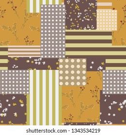 Trendy seamless pattern. Geometric elements mixed with blooming flowers. Polka dots, stripes and floral composition. Modern vector texture. Illustration for fashion, fabric, wallpaper, textile, design