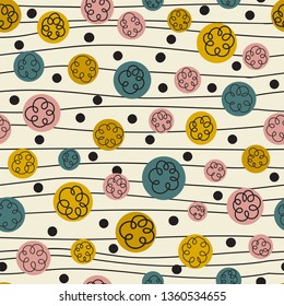 trendy seamless pattern of geometric shapes and doodles. Colorful pattern in mid century modern style