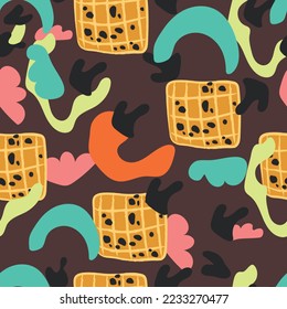 Trendy seamless pattern of geometric shapes and doodles. Colorful vector template