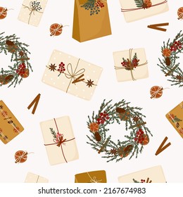 Trendy seamless pattern of gift boxes from kraft paper. Eco packing of Christmas and New Year gifts with natural materials. background for textile design, digital paper, wrappers. Hand drawn veсtor