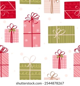 Trendy seamless pattern of gifts and gift boxes. Flat style and simple shapes. Christmas New Year design. Birthday Wrapping Paper