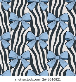 Trendy seamless pattern with glossy blue bows on a zebra print background. Features a playful Y2K and coquette style, perfect for fashion, textiles, and digital prints.