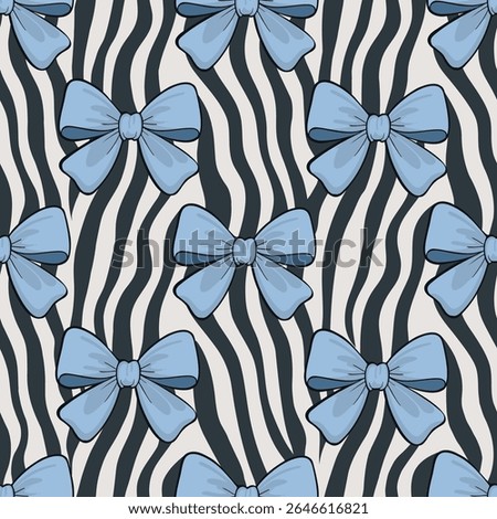 Trendy seamless pattern with glossy blue bows on a zebra print background. Features a playful Y2K and coquette style, perfect for fashion, textiles, and digital prints.