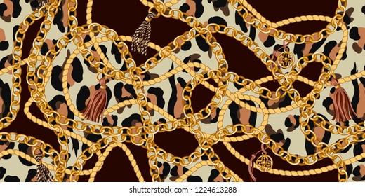 Trendy seamless pattern with gold chains and rope on  leopard skin. Vector.