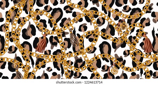 Trendy seamless pattern with gold chains on leopard skin. 